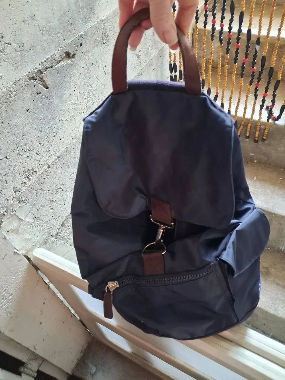 G.H bass nylon rucksack navy / brown leather trim